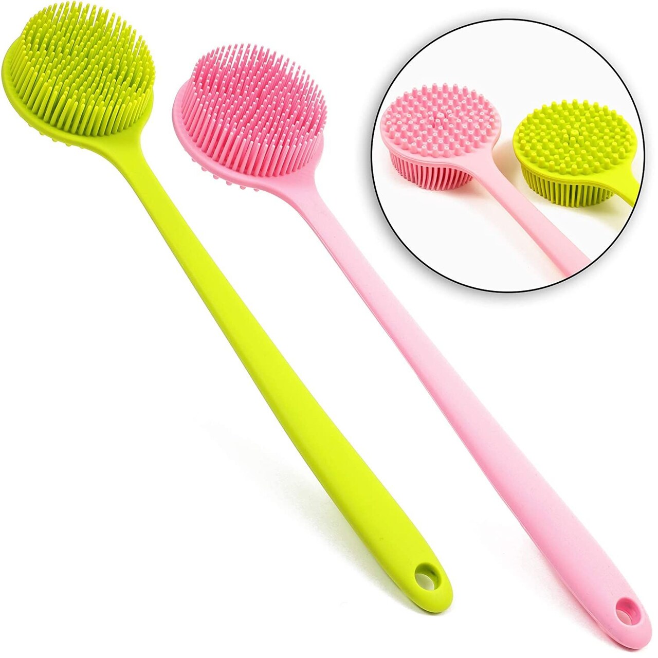 Silicone Shower Brush Back &#x26; Body Scrubber (Green, Pink, 2 Pack)